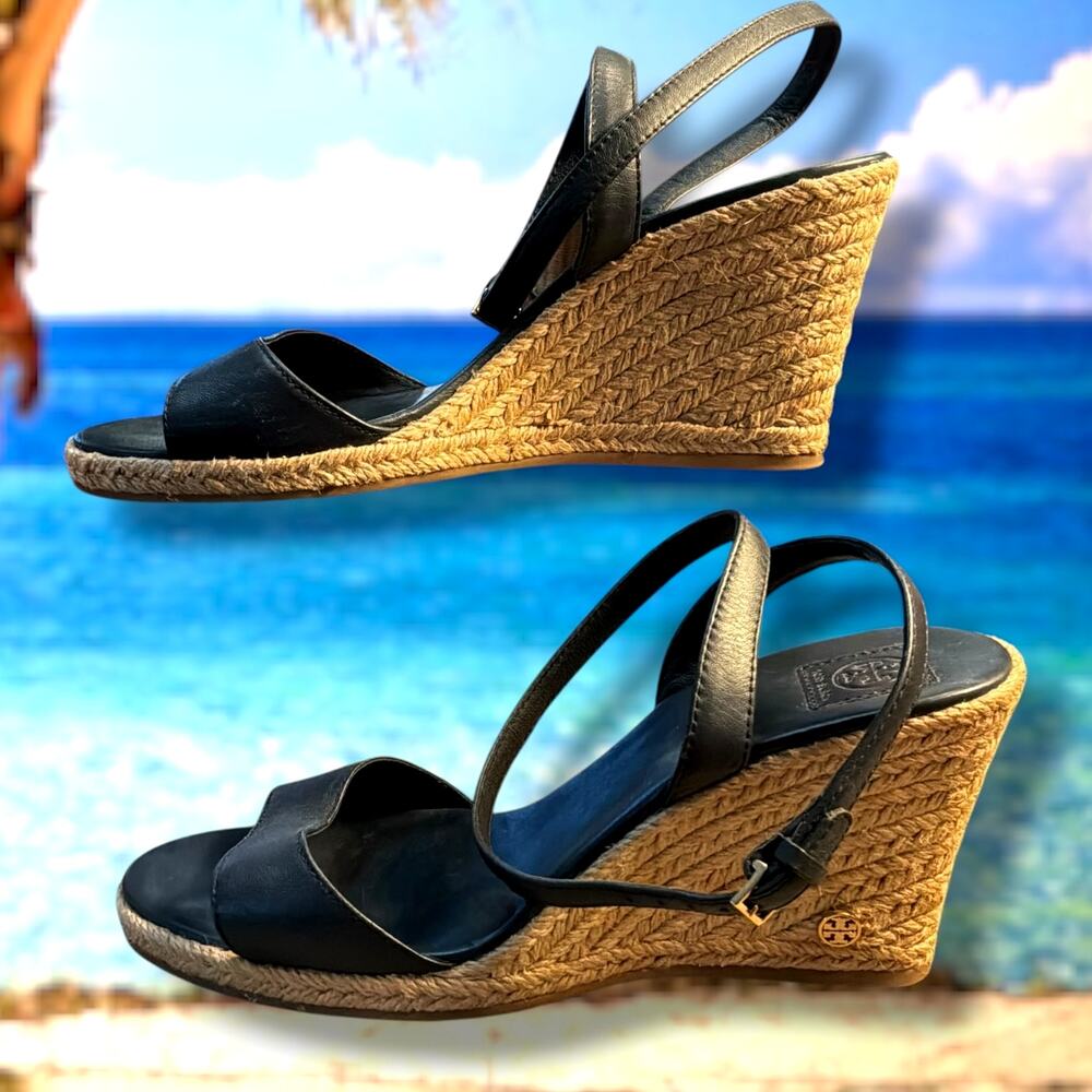 Women's Size 8 TORY BURCH Landon Navy Leather Wedge Espadrilles